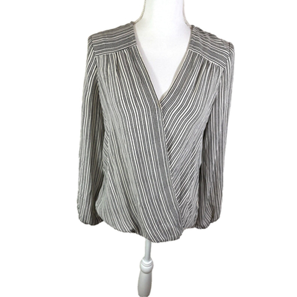 NWT Max Studio Ivory Black Stripe Long Sleeve High Low Twist Blouse Sz S